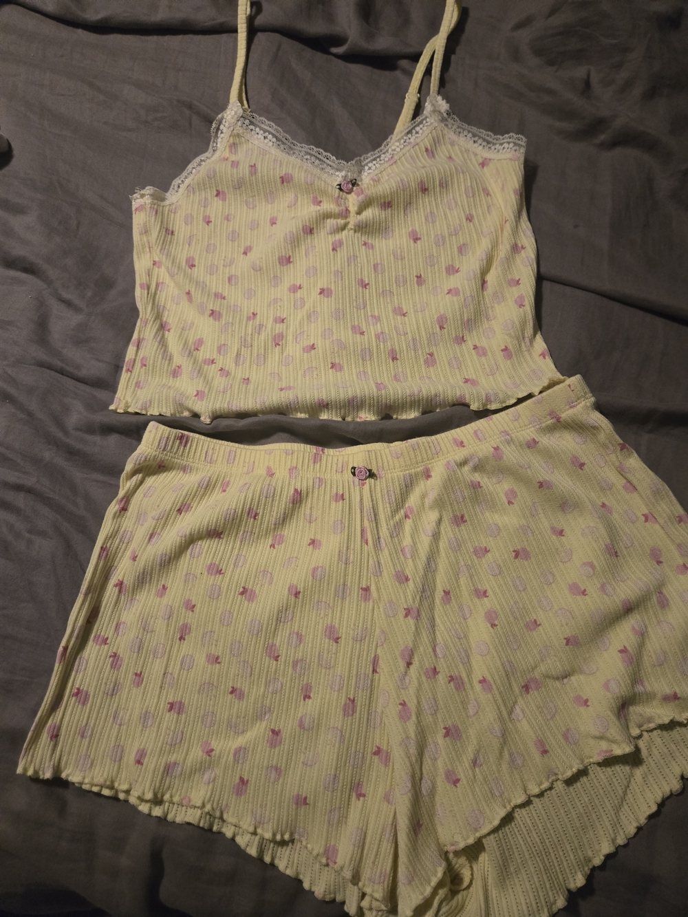 Victoria's Secret Yellow Ribbed Cami & Short Pajama Set with Pink Floral